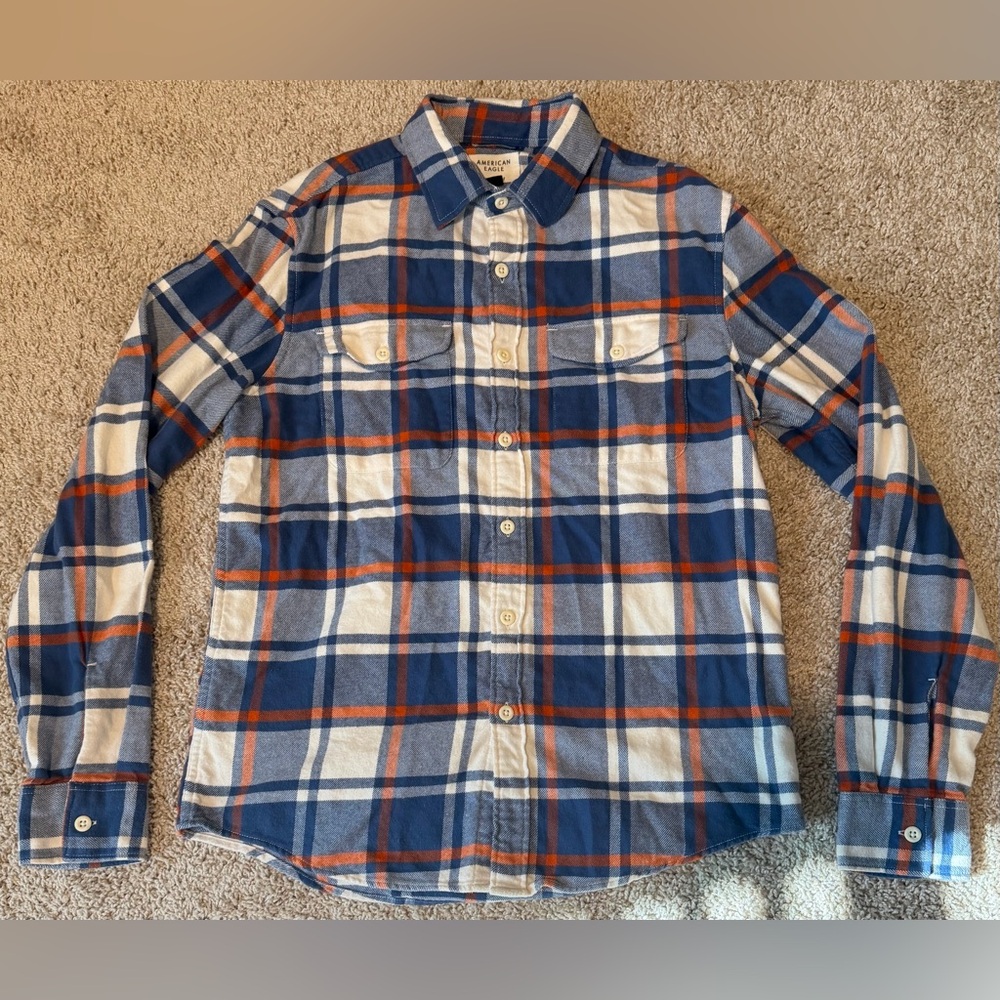 American Eagle Men’s Super Soft Size Small Blue/orange/white Plaid Button Down
